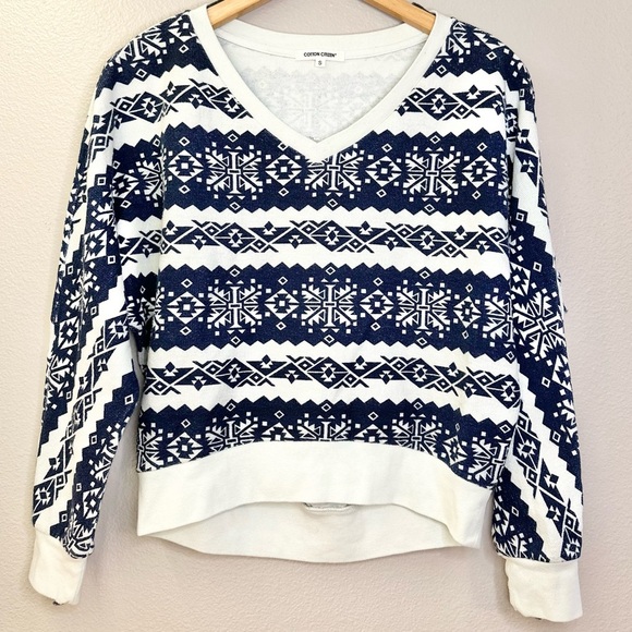 Cotton Citizen Nordic Print V Neck Fringe Detail Pullover Navy Blue - Picture 1 of 7